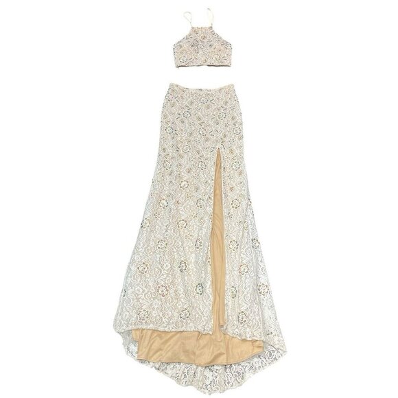 La Femme 2 Piece Gown Womens 8 White Sequin Lace Halter Lace Up Slit Maxi Skirt - Picture 1 of 16